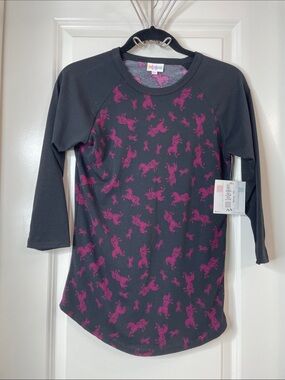 LuLaRoe Black Short-Sleeve Tee with Magenta Unicorns